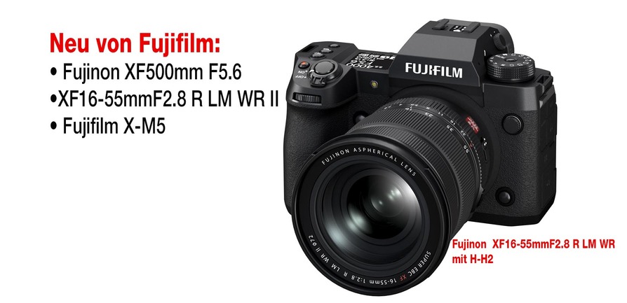 Neben dem Supertele Fujinon XF 500 F5,6 R LM OIS WR stellt Fujifilm das neue Fujinon XF16-55mmF2.8 R LM WR II, vor, das deutlich kürzer ist